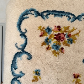 Grand Tapis de laine point noué blanc cassé Fleurs bleu