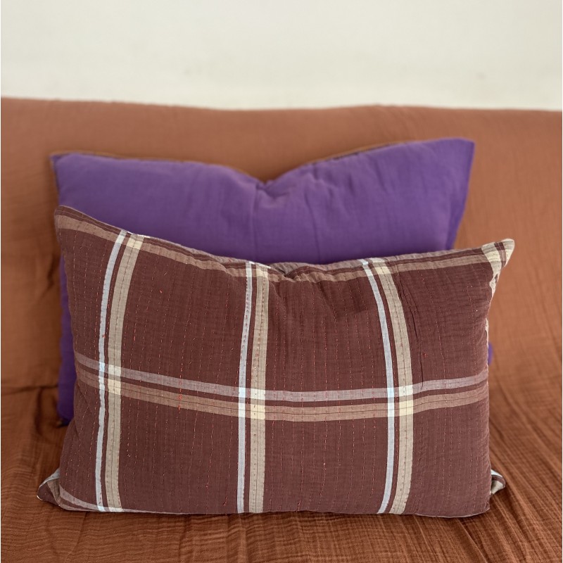 Coussin Kantha Tartan chocolat 40x60