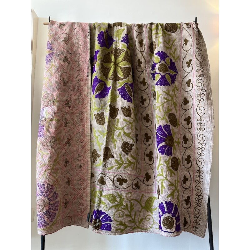 Couverture Kantha Rose pistache violet