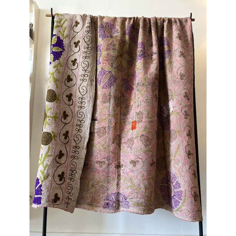 Couverture Kantha Rose pistache violet