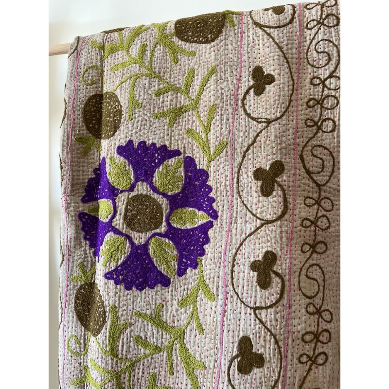 Couverture Kantha Rose pistache violet