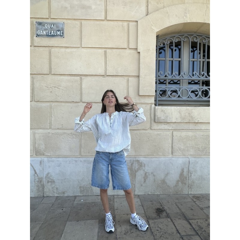 Blouse rayures Ikat blanc et bleu