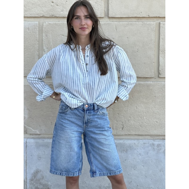 Blouse rayures Ikat blanc et bleu