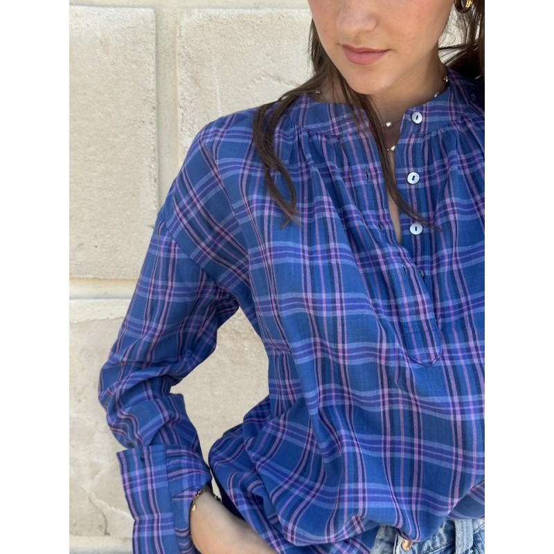 Blouse bleu Klein à carreaux en khadi de coton