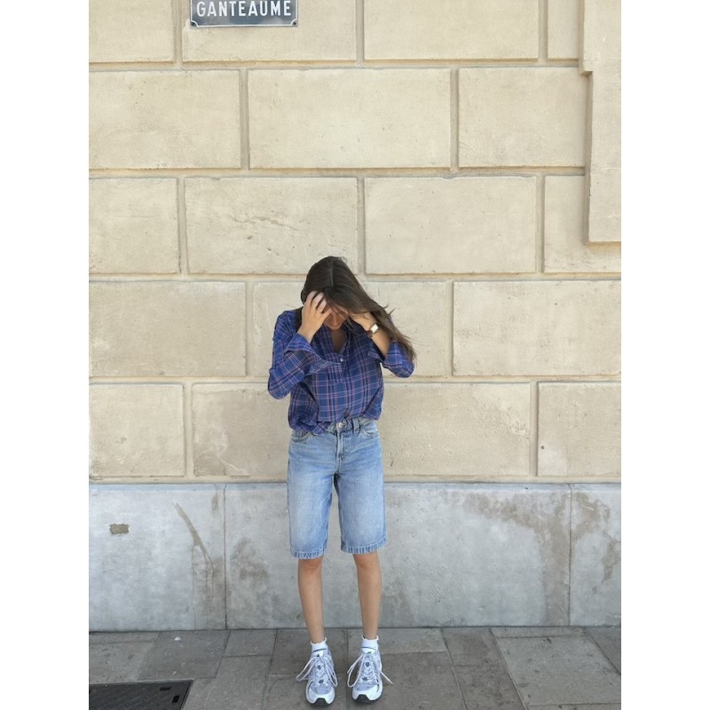 Blouse bleu Klein à carreaux en khadi de coton
