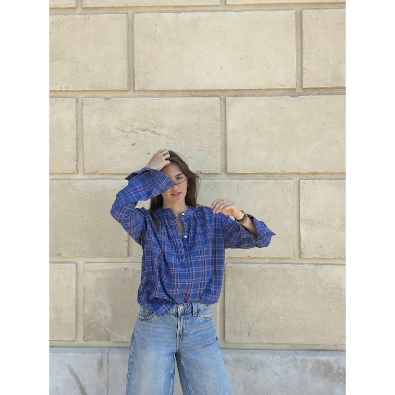 Blouse bleu Klein à carreaux en khadi de coton