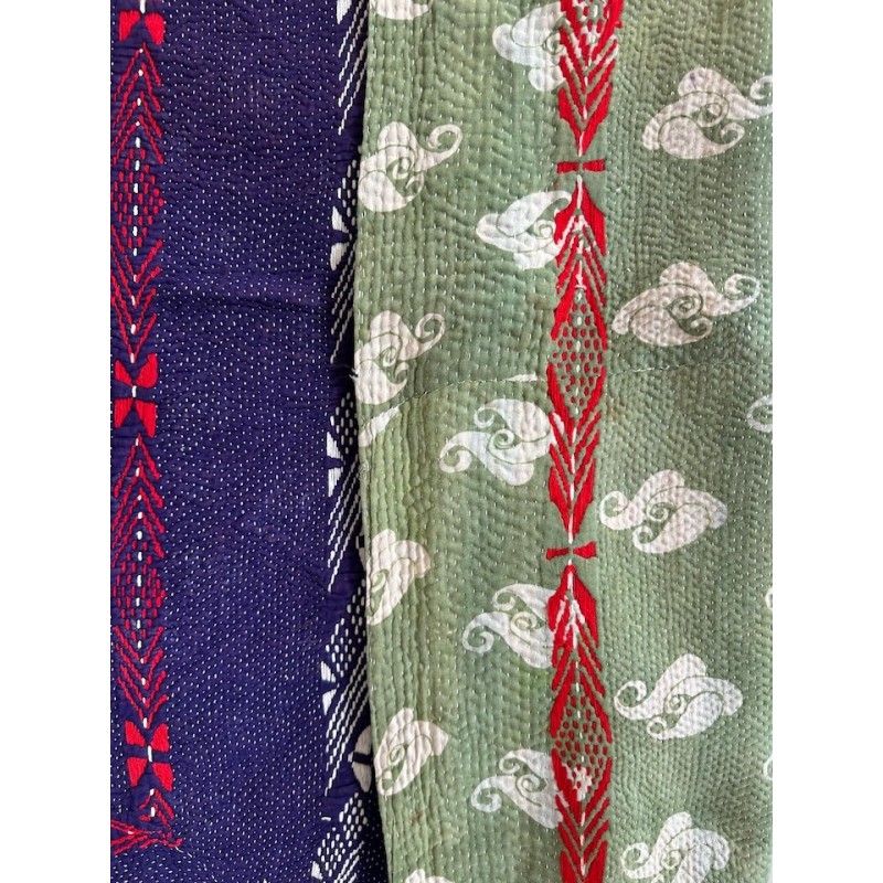 Couverture Kantha n° 12 Vert pomme et broderie rouge