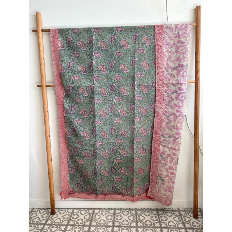 Couverture Kantha n° 15 Vert et rose