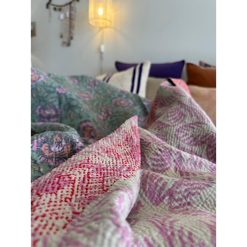 Couverture Kantha n° 15 Vert et rose