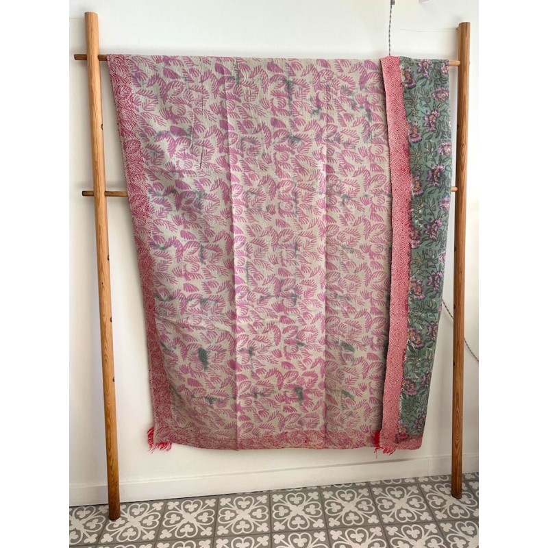 Couverture Kantha n° 15 Vert et rose