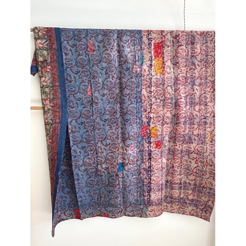Couverture Kantha n° 17 Fleurs multicolores bleu et vert