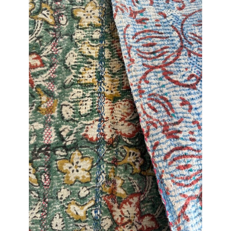 Couverture Kantha n° 17 Fleurs multicolores bleu et vert