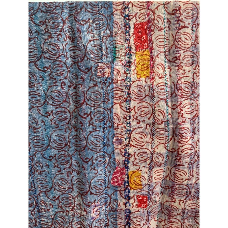 Couverture Kantha n° 17 Fleurs multicolores bleu et vert