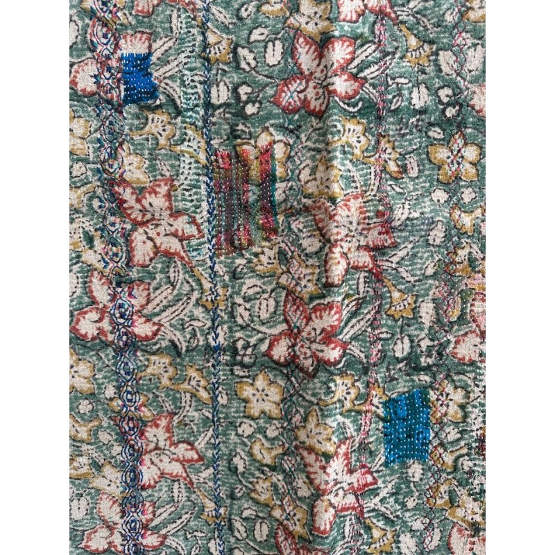 Couverture Kantha n° 17 Fleurs multicolores bleu et vert