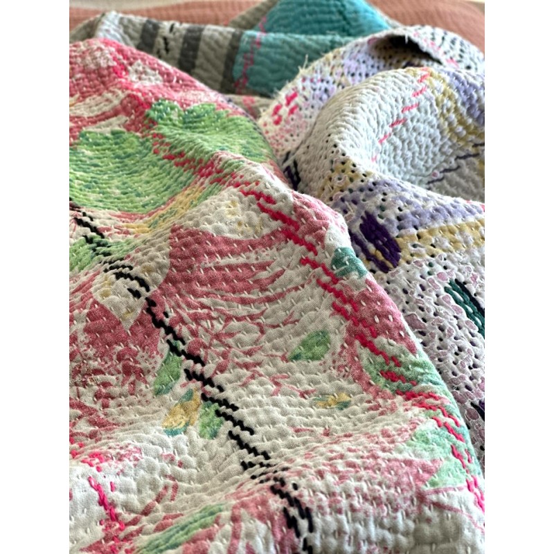 Couverture Kantha n°1 Fleurs et Ikat