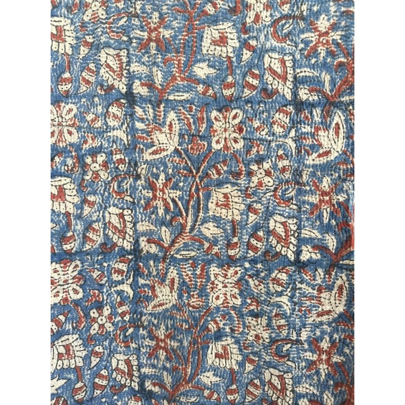Couverture Kantha n°4 Bleu à fleurs rouge