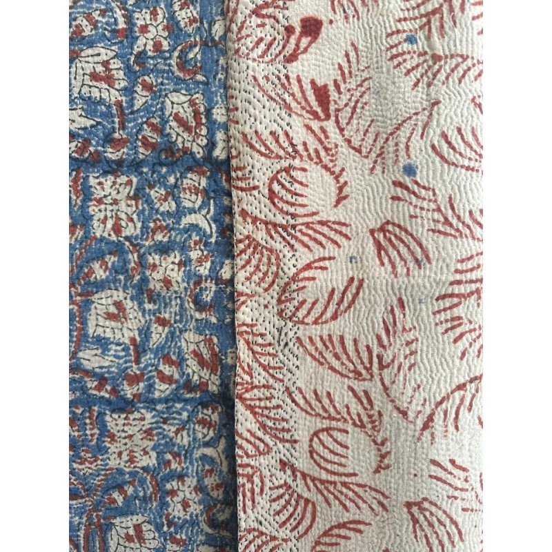 Couverture Kantha n°4 Bleu à fleurs rouge