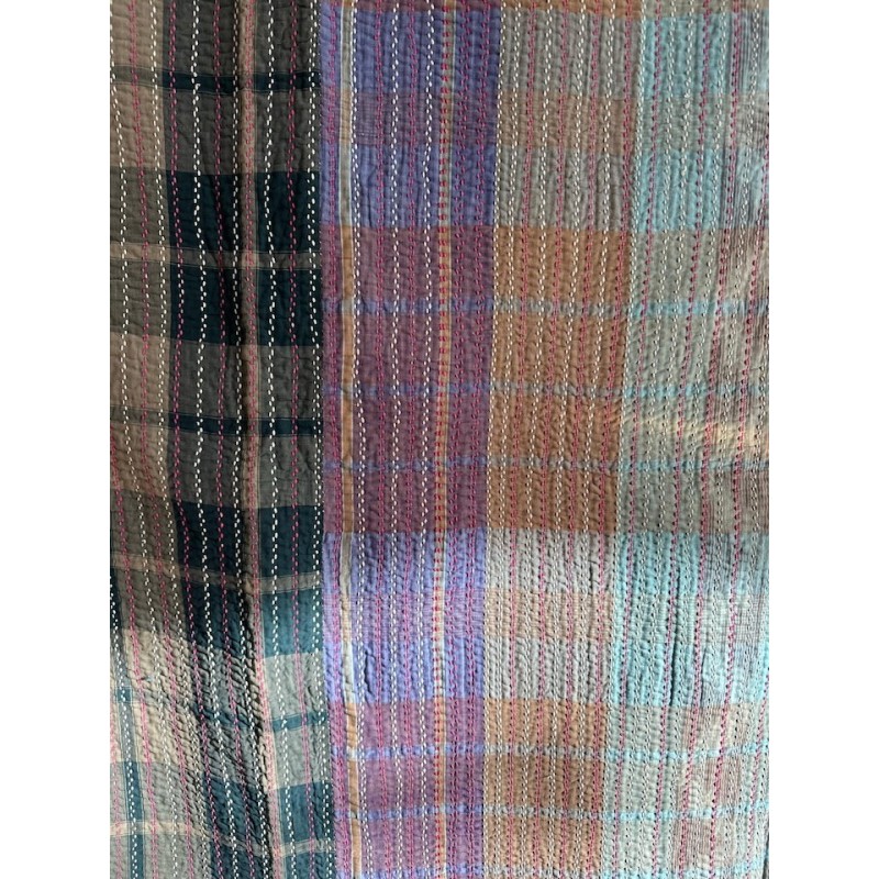 Couverture Kantha n°7 Rayures Ikat et verso fleurs jaune