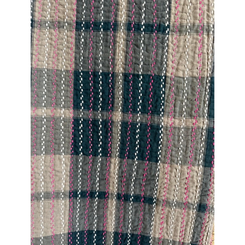 Couverture Kantha n°7 Rayures Ikat et verso fleurs jaune