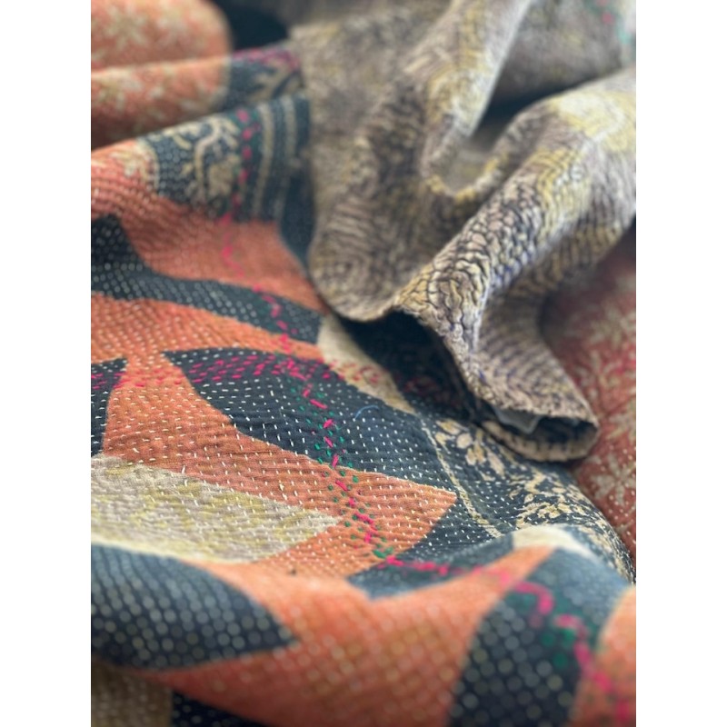 Couverture Kantha n°9 Brun orangé et géométrie noire