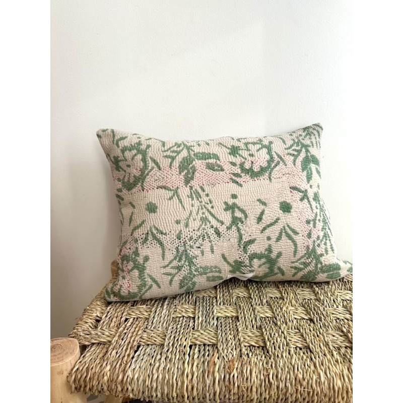 Coussin Kantha Fleurs vertes 30 x 40