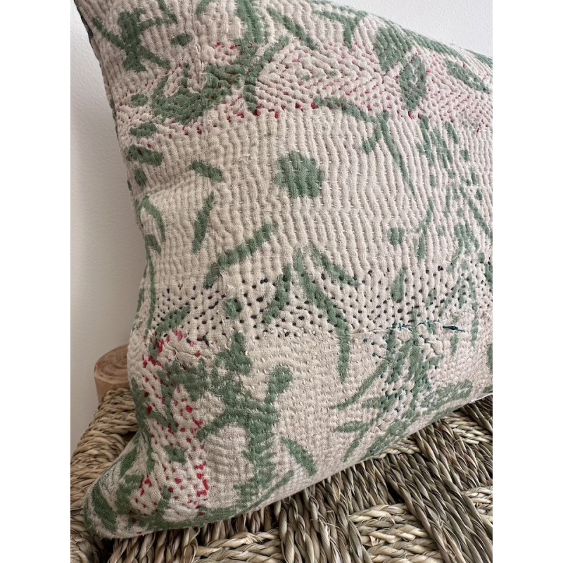 Coussin Kantha Fleurs vertes 30 x 40