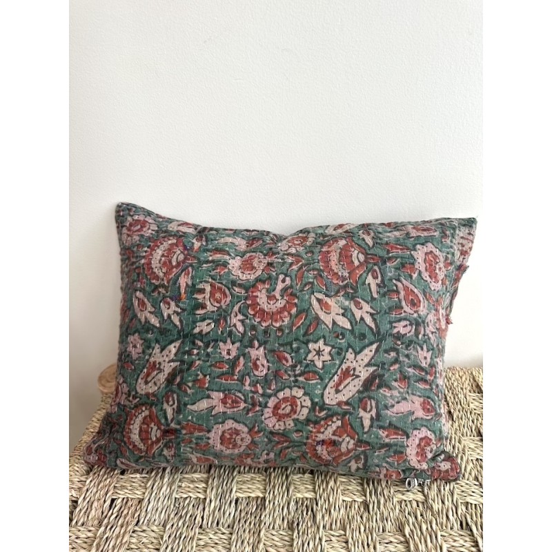 Coussins Kantha Vert Fleurs briques