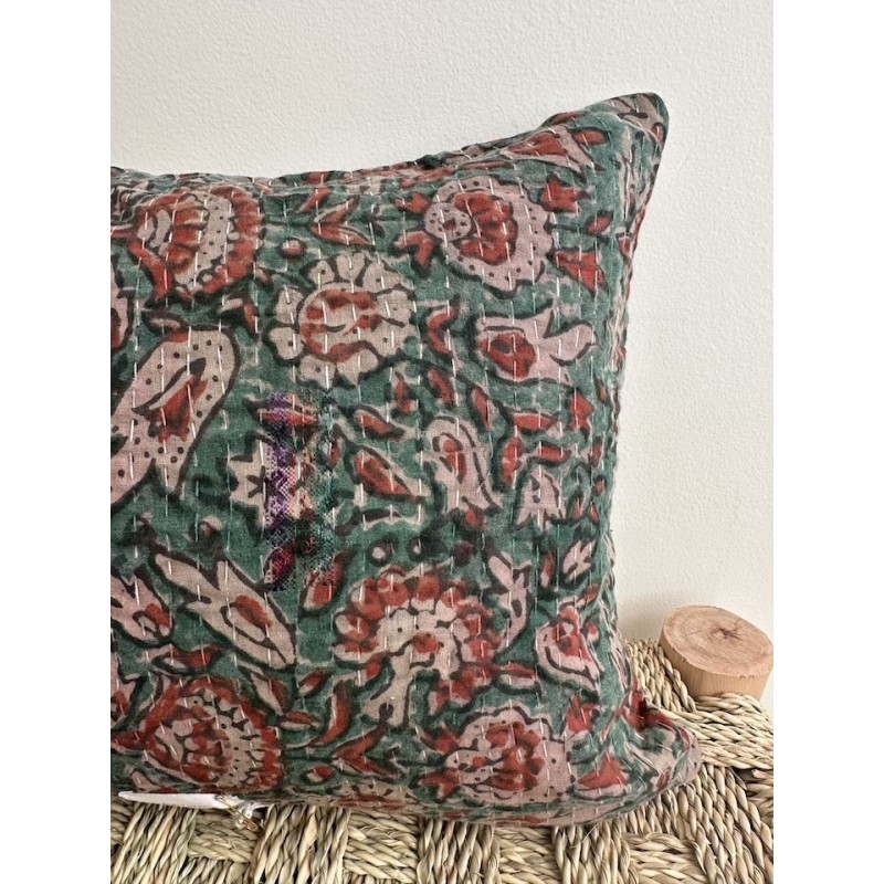Coussins Kantha Vert Fleurs briques