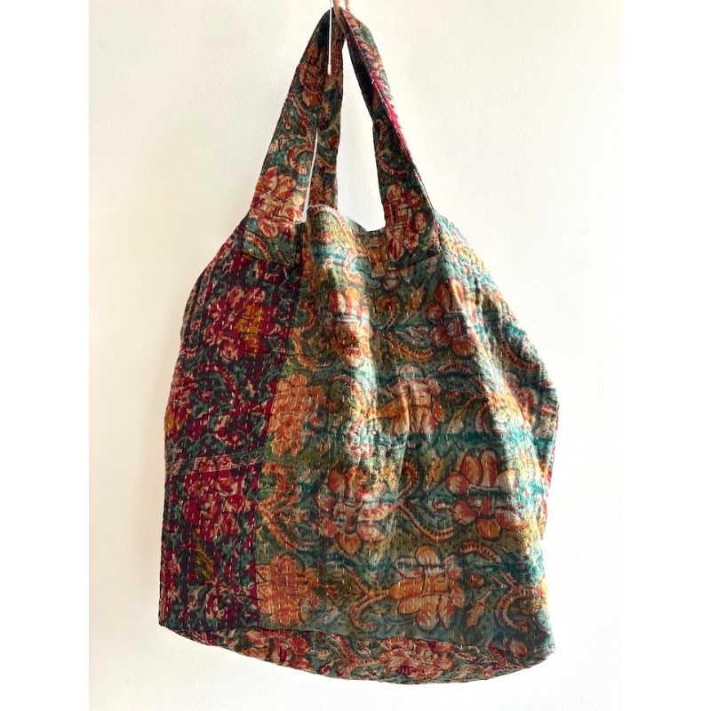 Cabas Kantha Fleurs orange et brique