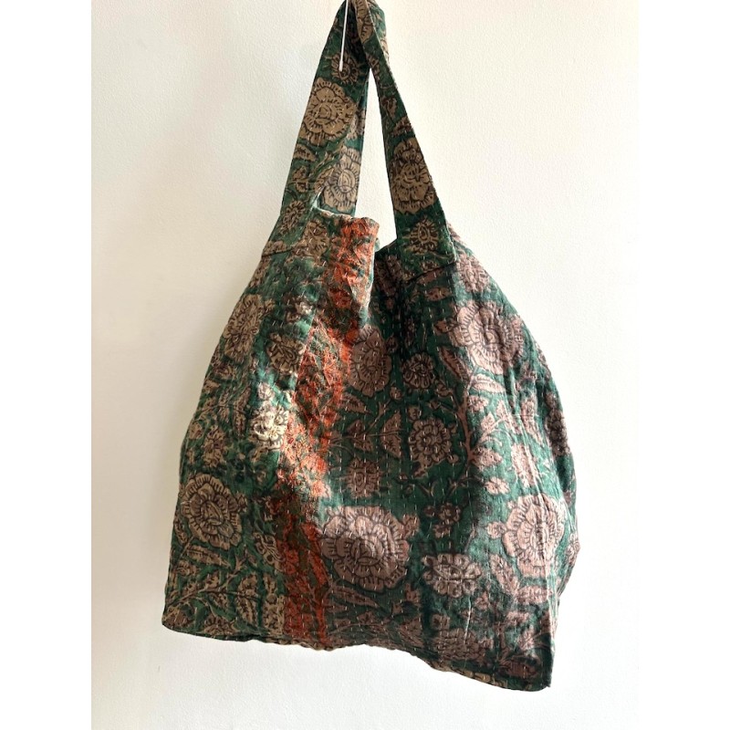 Cabas Kantha Vert fleurs grises
