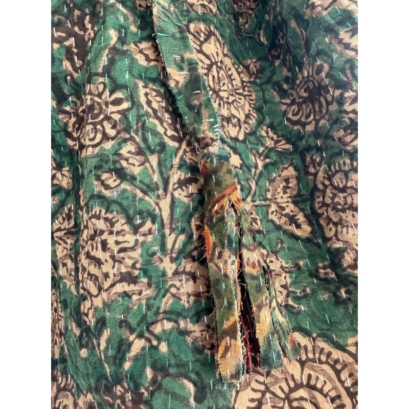 Cabas Kantha Vert fleurs grises