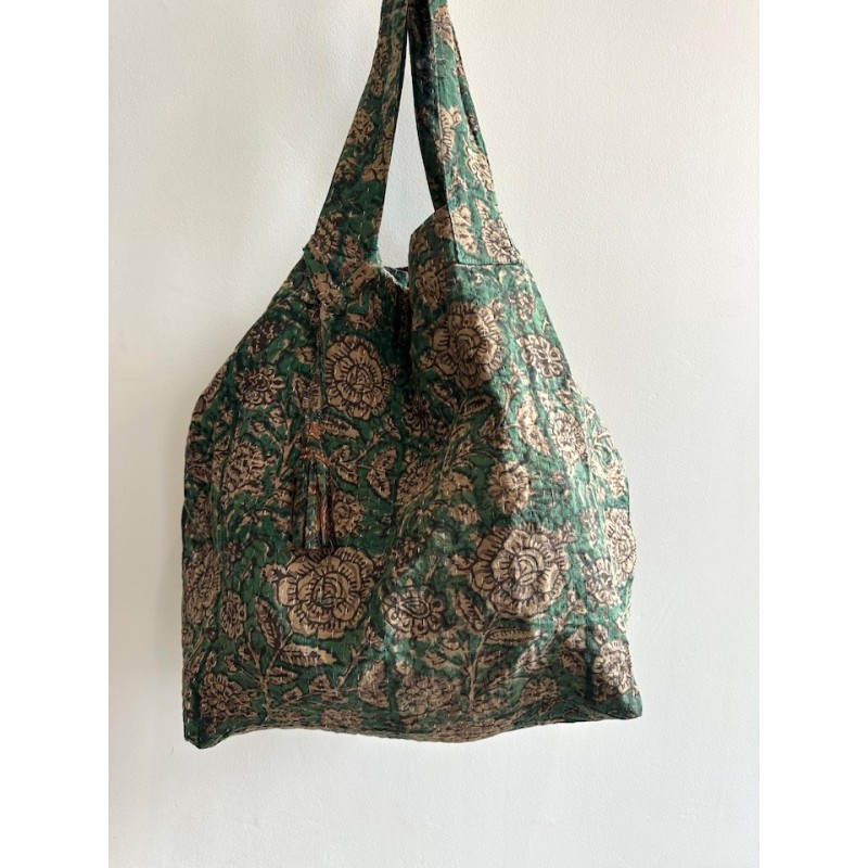 Cabas Kantha Vert fleurs grises