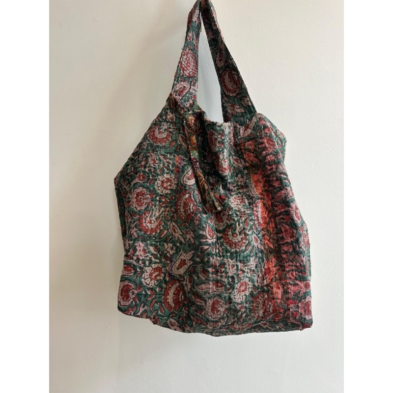 Cabas Kantha Fleurs brique