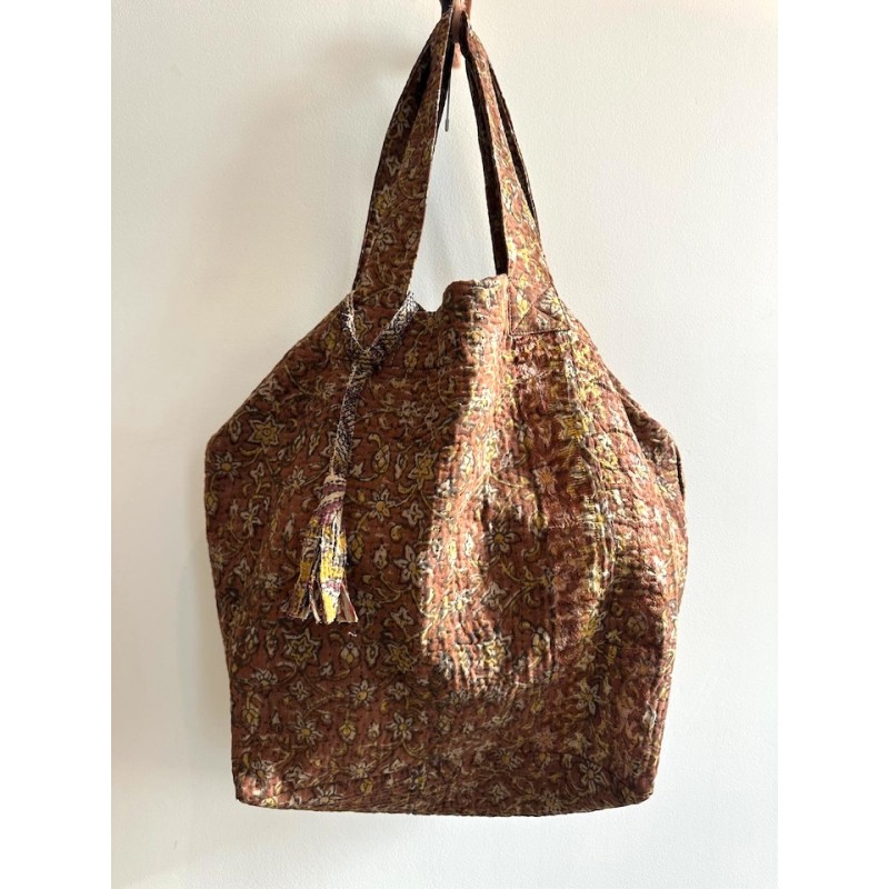 Cabas Kantha Chocolat fleurs beige