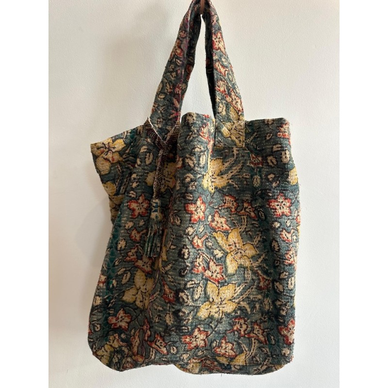 Cabas Kantha Fleurs vert fôret