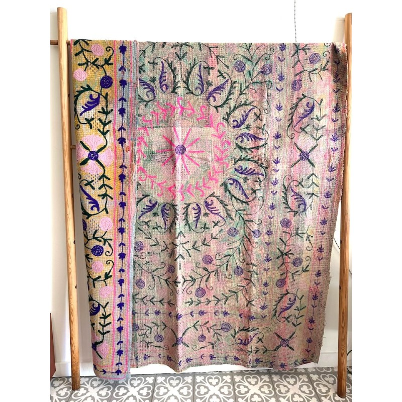 Couverture Kantha Suzani rosace fluo