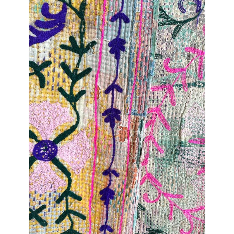 Couverture Kantha Suzani rosace fluo