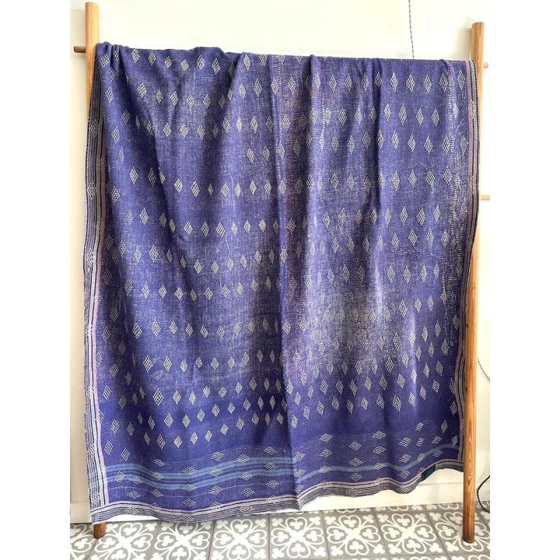 Couverture Kantha losanges violet et carreaux multicolores