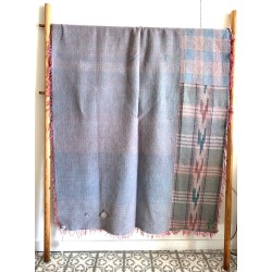Couverture Kantha jacquard multi motif bleu et rose