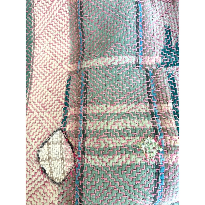 Couverture Kantha jacquard multi motif bleu et rose