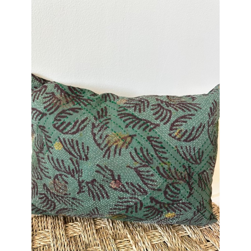 Coussin Kantha Vert motif floral petit modèle