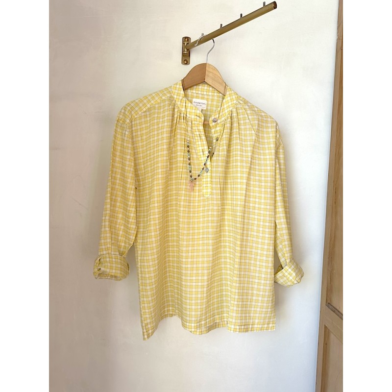 Blouse à carreaux jaune et blanc voile de coton