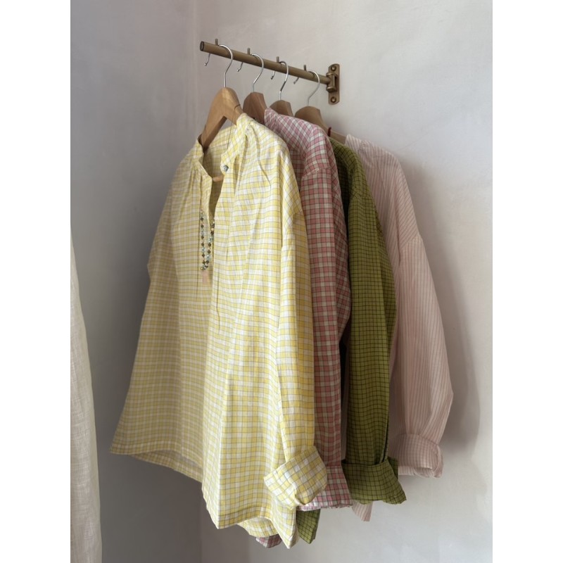 Blouse à carreaux jaune et blanc voile de coton