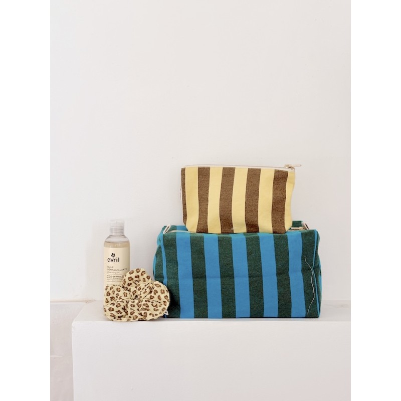 Trousse de toilette rayures larges turquoise et olive Rose in April